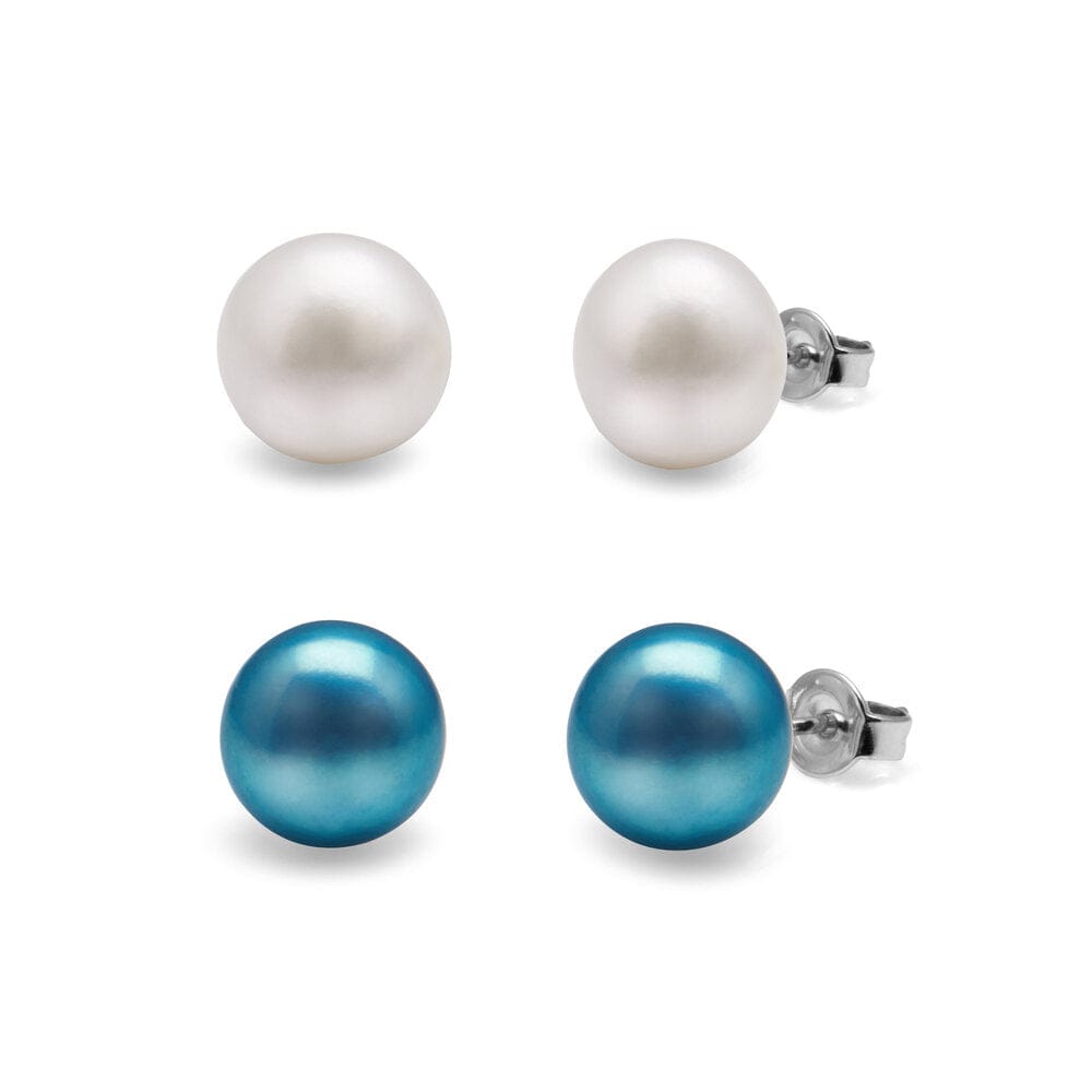 Kyoto Pearl Earrings White & Blue 8mm Set of 2 Freshwater Pearl Studs with 925 Sterling Silver TKKP203
