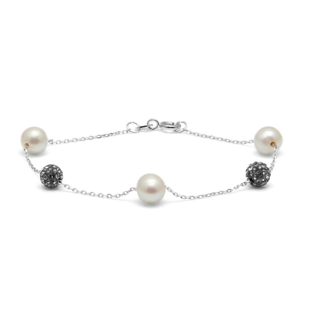 Kyoto Pearl Bracelets White / 925 Silver 7-8mm Freshwater Pearl & Crystal Ball and Chain Bracelet with 925 Sterling Silver TKKP159