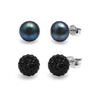 Kyoto Pearl Earrings Black & Black Crystal Set of 8mm Freshwater Pearl and Crystal Studs with 925 Sterling Silver TKKP155