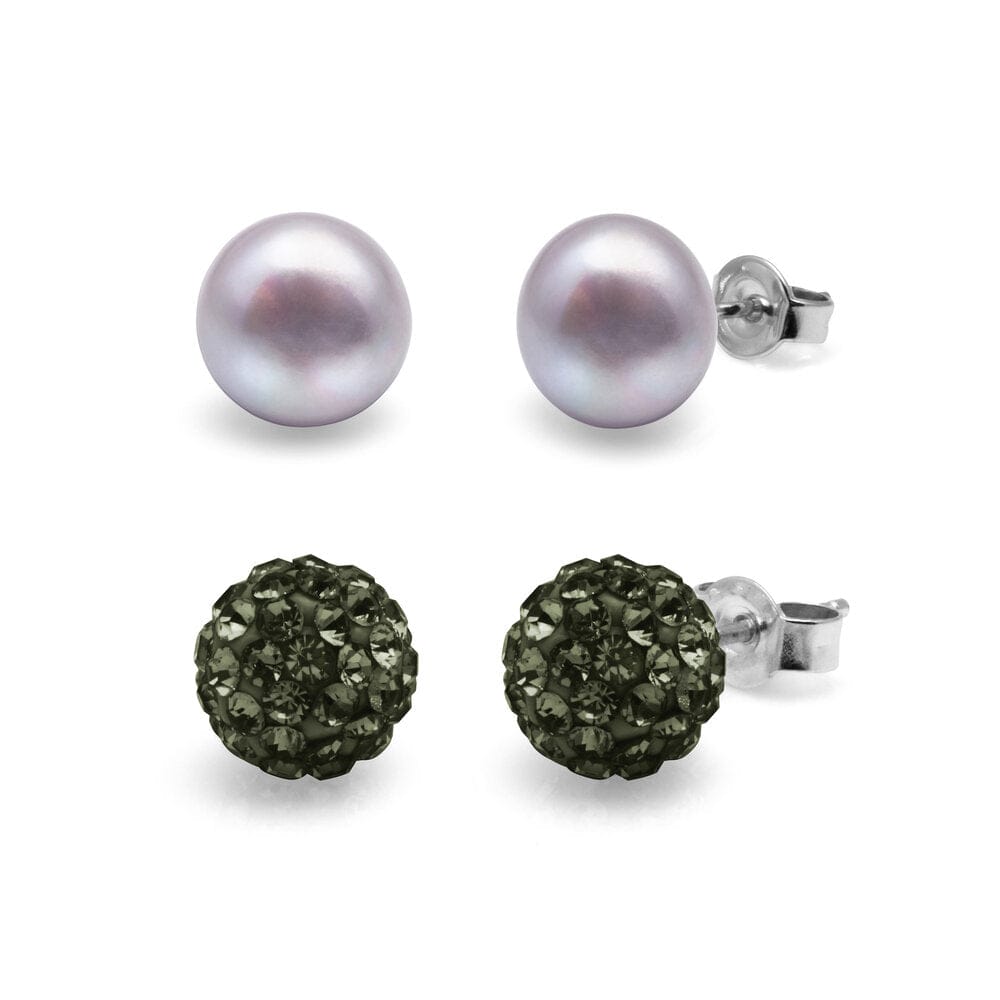 Kyoto Pearl Earrings Grey & Grey Crystal Set of 8mm Freshwater Pearl and Crystal Studs with 925 Sterling Silver TKKP154