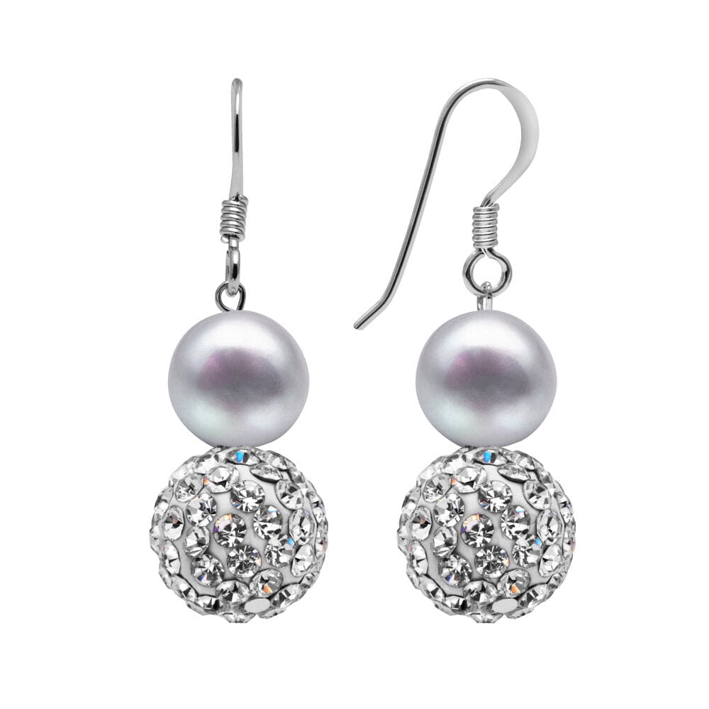 Kyoto Pearl Earrings Grey & White Crystal 7-8mm Freshwater Pearl and Crystal Drop Earrings with 925 Sterling Silver TKKP048