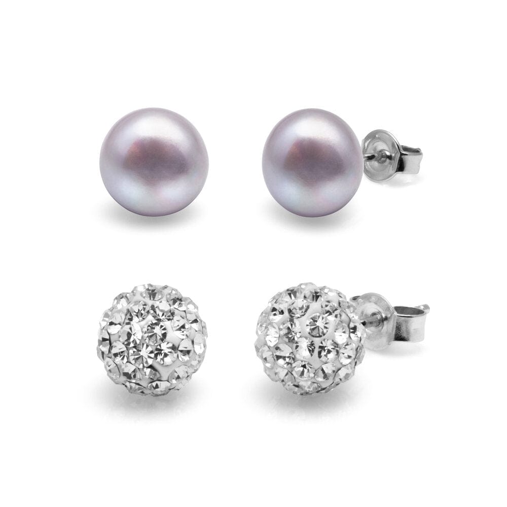 Kyoto Pearl Earrings Grey & White Crystal Set of 8mm Freshwater Pearl and Crystal Studs with 925 Sterling Silver TKKP153