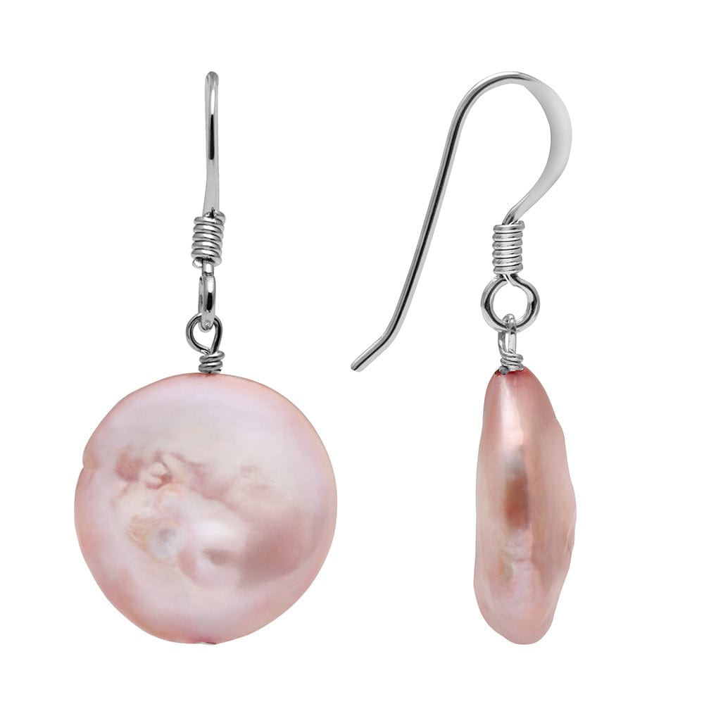 Kyoto Pearl Earrings Pink 12mm Coin Freshwater Pearl Drop Earrings with 925 Sterling Silver TKKP018