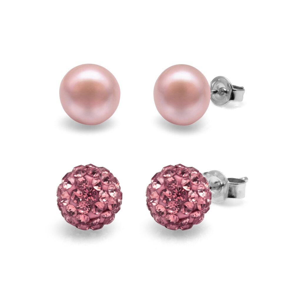 Kyoto Pearl Earrings Pink & Pink Crystal Set of 8mm Freshwater Pearl and Crystal Studs with 925 Sterling Silver TKKP156