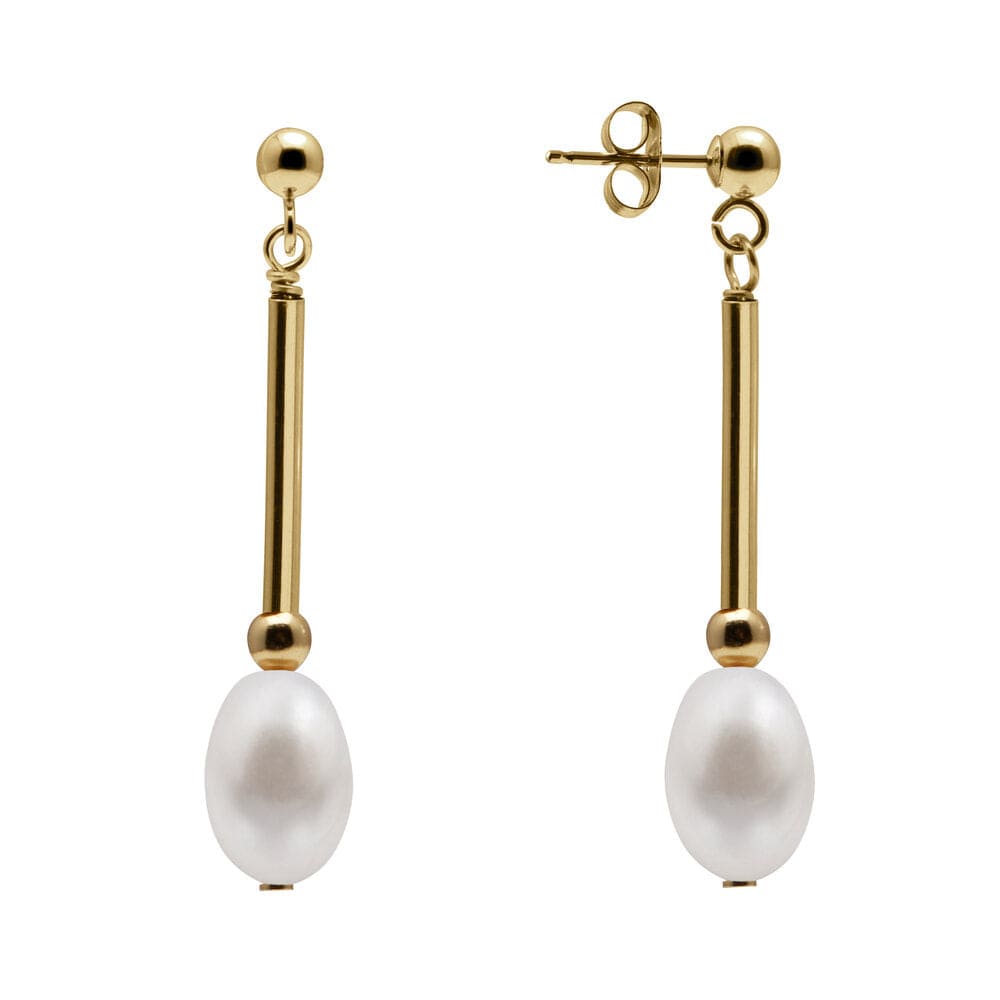 Kyoto Pearl Earrings White / 18k Gold Plated 925 Silver 7mm White Freshwater Pearl Drop Bar Earrings with 925 Sterling Silver TKKP144