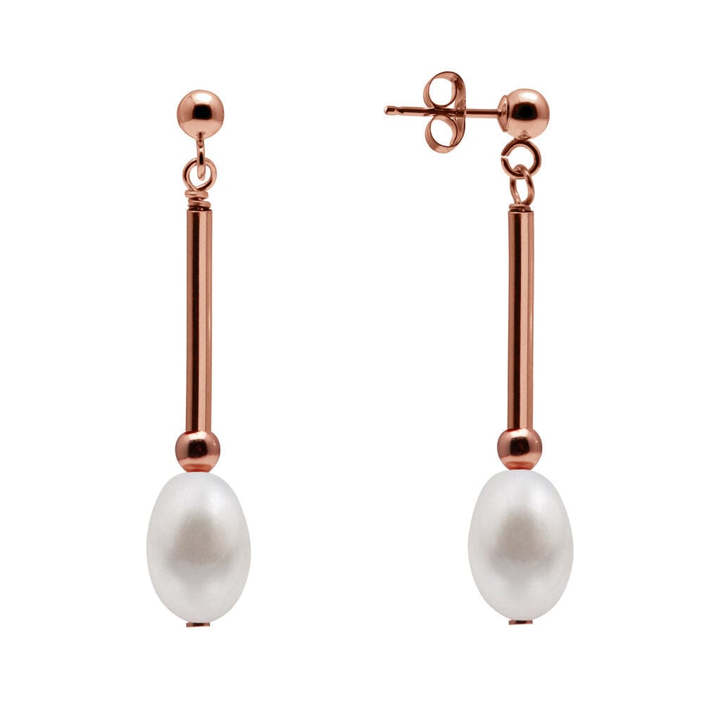 Kyoto Pearl Earrings White / 18k Rose Gold Plated 925 Silver 7mm White Freshwater Pearl Drop Bar Earrings with 925 Sterling Silver TKKP145