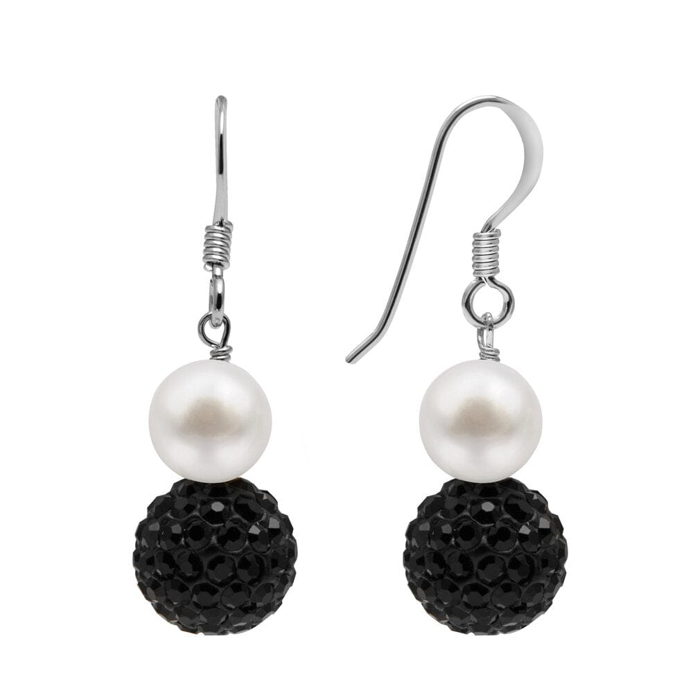Kyoto Pearl Earrings White & Black Crystal / 925 Silver Freshwater Pearl and Pave Drop Earrings with 925 Sterling Silver TKKP165