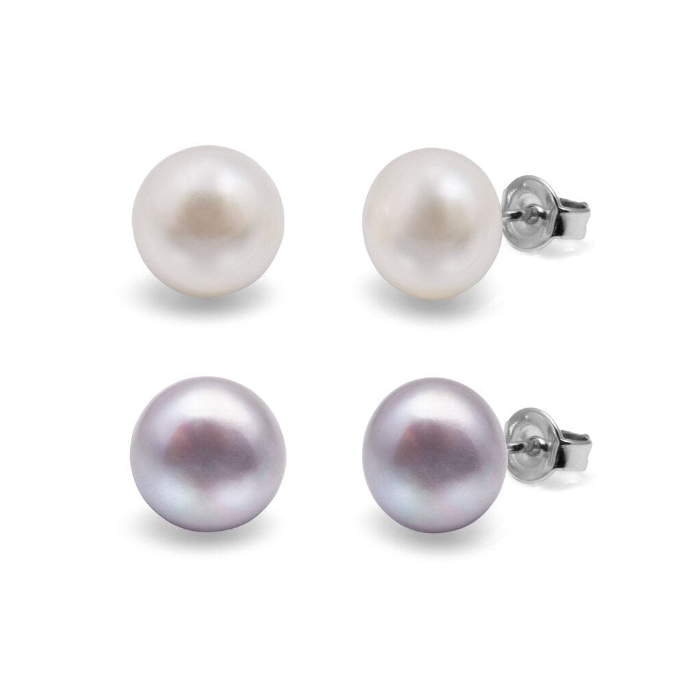 Kyoto Pearl Earrings White & Grey 8mm Set of 2 Freshwater Pearl Studs with 925 Sterling Silver TKKP008