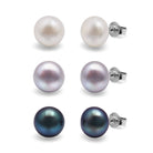 Kyoto Pearl Earrings White, Grey & Peacock / 925 Silver 8mm Set of 3 Freshwater Pearl Studs with 925 Sterling Silver TKKP010
