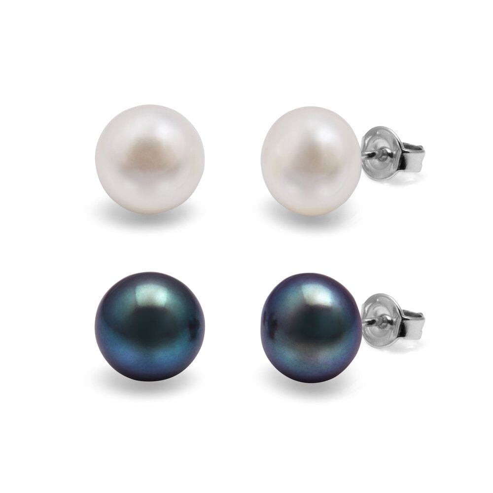 Kyoto Pearl Earrings White & Peacock 8mm Set of 2 Freshwater Pearl Studs with 925 Sterling Silver TKKP007