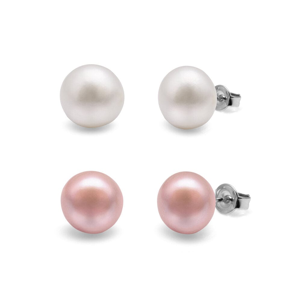 Kyoto Pearl Earrings White & Pink 8mm Set of 2 Freshwater Pearl Studs with 925 Sterling Silver TKKP202
