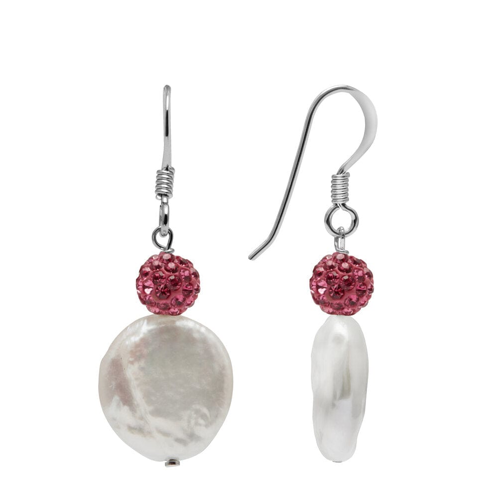 Kyoto Pearl Earrings White & Pink Crystal / 925 Silver 12mm Coin Freshwater Pearl and Pave Crystal Drop Earrings with 925 Sterling Silver TKKP173