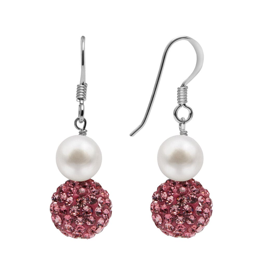 Kyoto Pearl Earrings White & Pink Crystal / 925 Silver Freshwater Pearl and Pave Drop Earrings with 925 Sterling Silver TKKP163