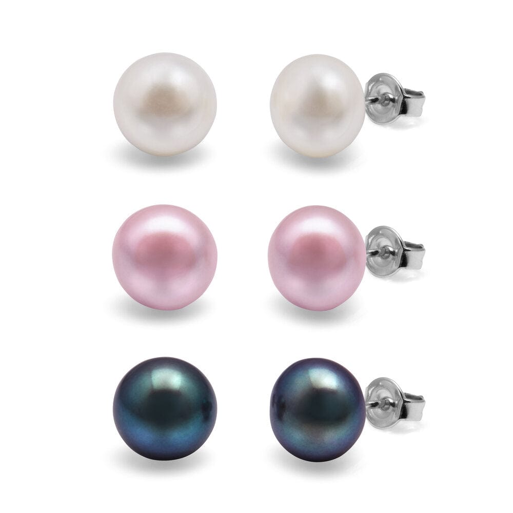 Kyoto Pearl Earrings White, Pink & Peacock / 925 Silver 8mm Set of 3 Freshwater Pearl Studs with 925 Sterling Silver TKKP009