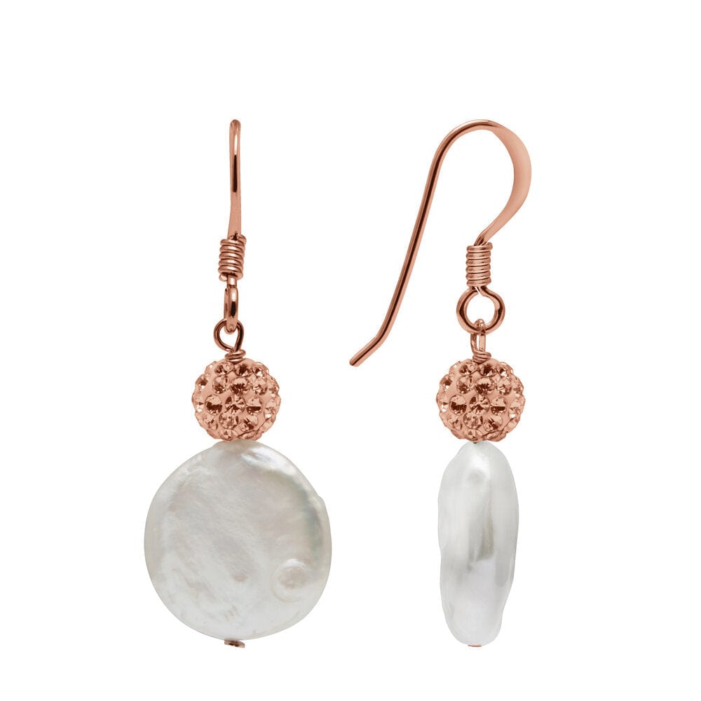 Kyoto Pearl Earrings White & Rose Crystal / 18k Rose Gold Plated 925 Silver 12mm Coin Freshwater Pearl and Pave Crystal Drop Earrings with 925 Sterling Silver TKKP172