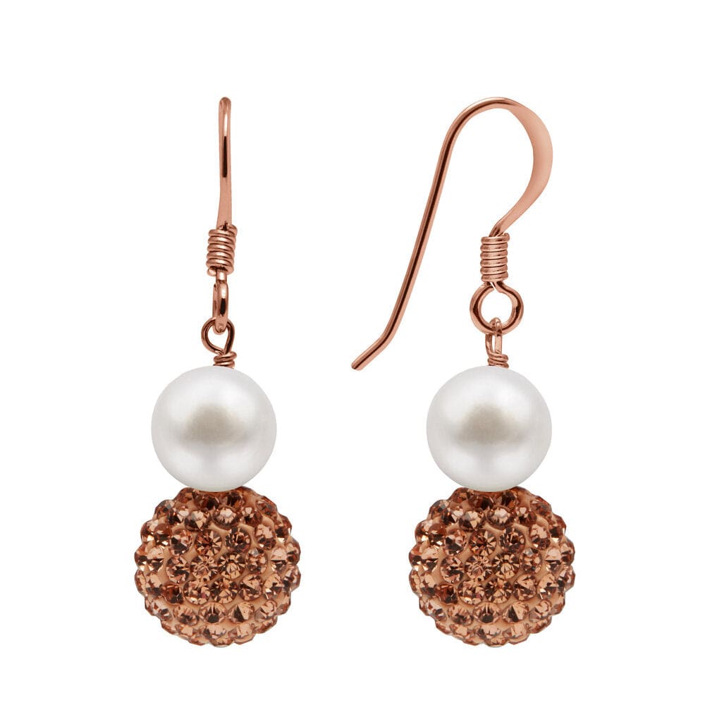 Kyoto Pearl Earrings White & Rose Crystal / 18k Rose Gold Plated 925 Silver Freshwater Pearl and Pave Drop Earrings with 925 Sterling Silver TKKP162
