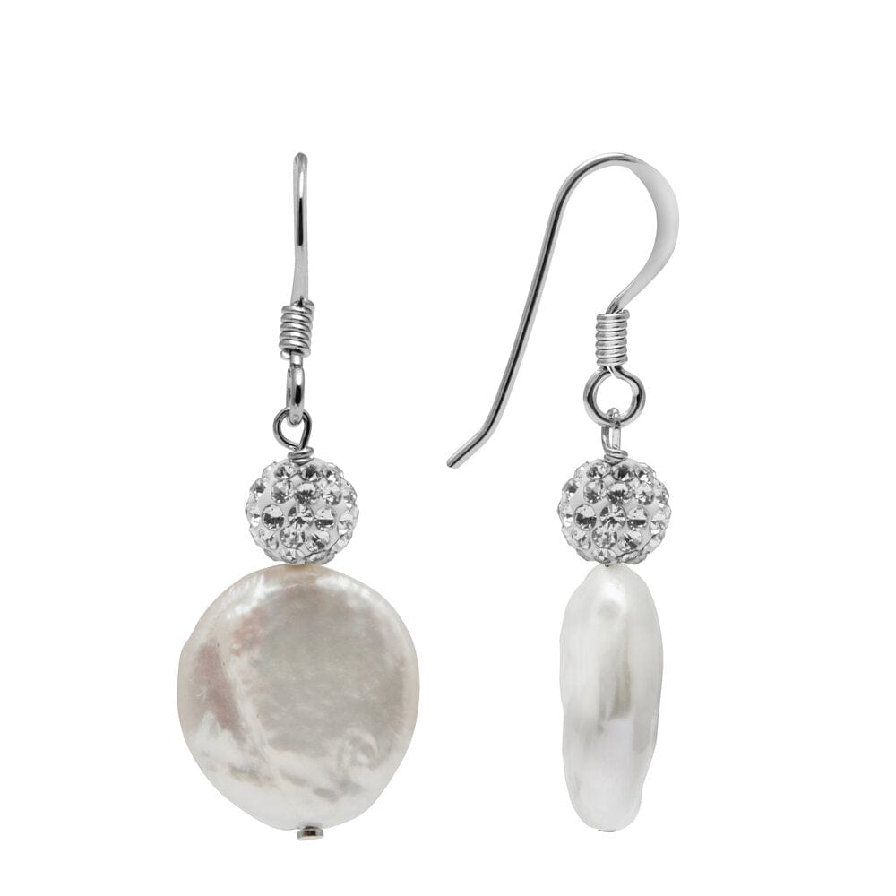 Kyoto Pearl Earrings White & White Crystal / 925 Silver 12mm Coin Freshwater Pearl and Pave Crystal Drop Earrings with 925 Sterling Silver TKKP171