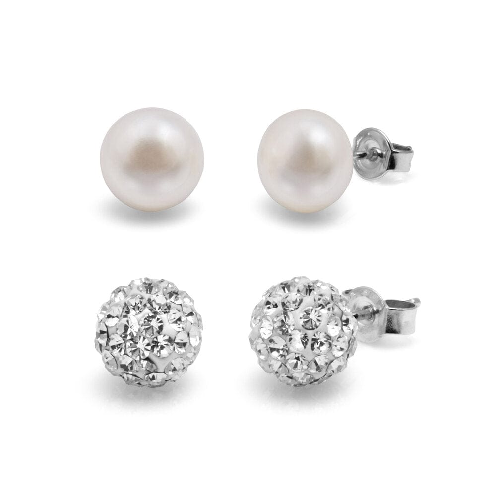 Kyoto Pearl Earrings White & White Crystal Set of 8mm Freshwater Pearl and Crystal Studs with 925 Sterling Silver TKKP150