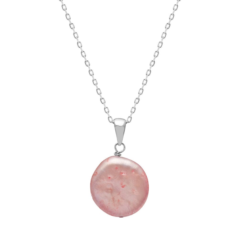 Kyoto Pearl Necklaces Pink 12mm Coin Freshwater Pearl Pendant Necklace with 925 Sterling Silver TKKP148