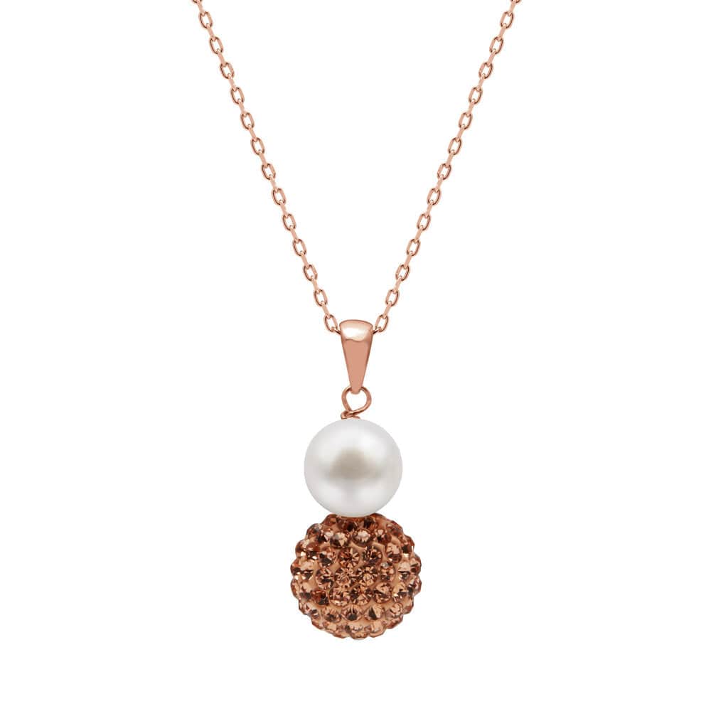 Kyoto Pearl Necklaces White & Rose / 18k Rose Gold Plated 925 Silver Freshwater Pearl and Pave Crystal Pendant Necklace with 925 Sterling Silver TKKP167