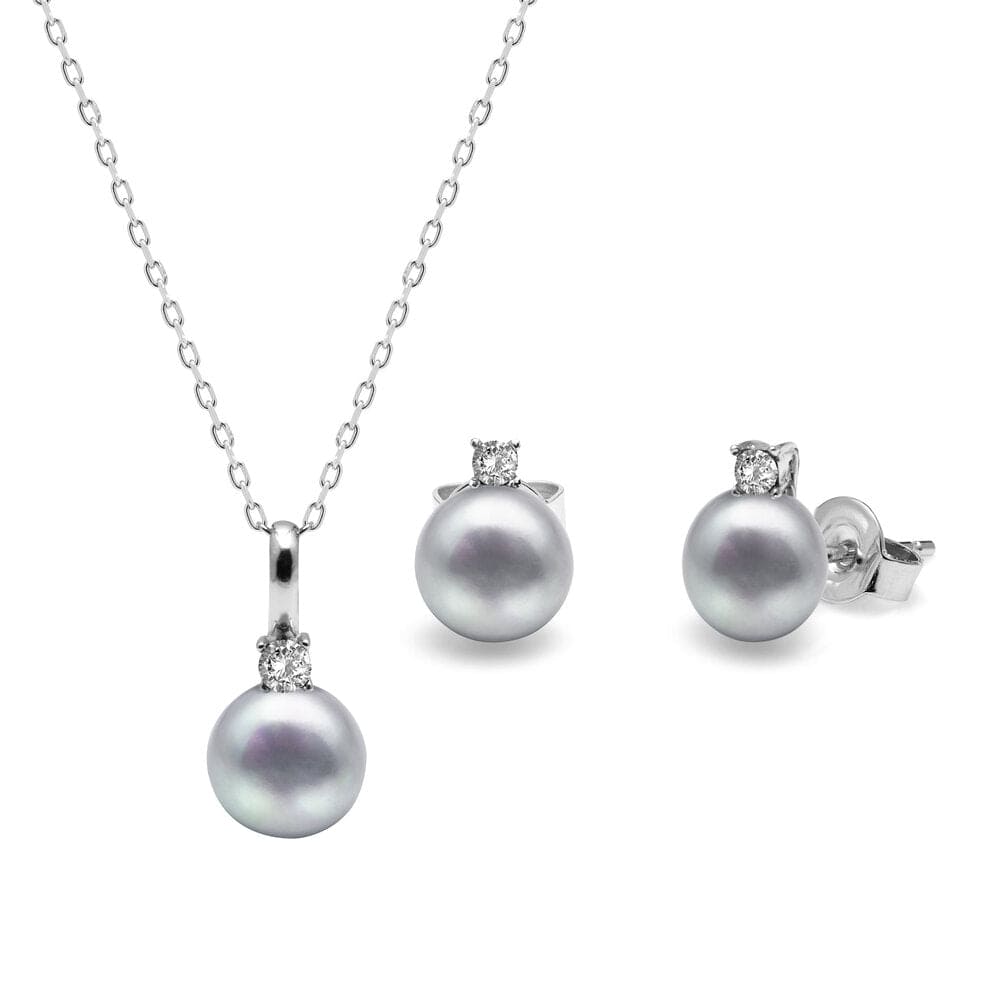 Kyoto Pearl Sets Grey 8mm Freshwater Pearls with White Sapphire Pendant & Stud Set with 925 Sterling Silver TKKP038