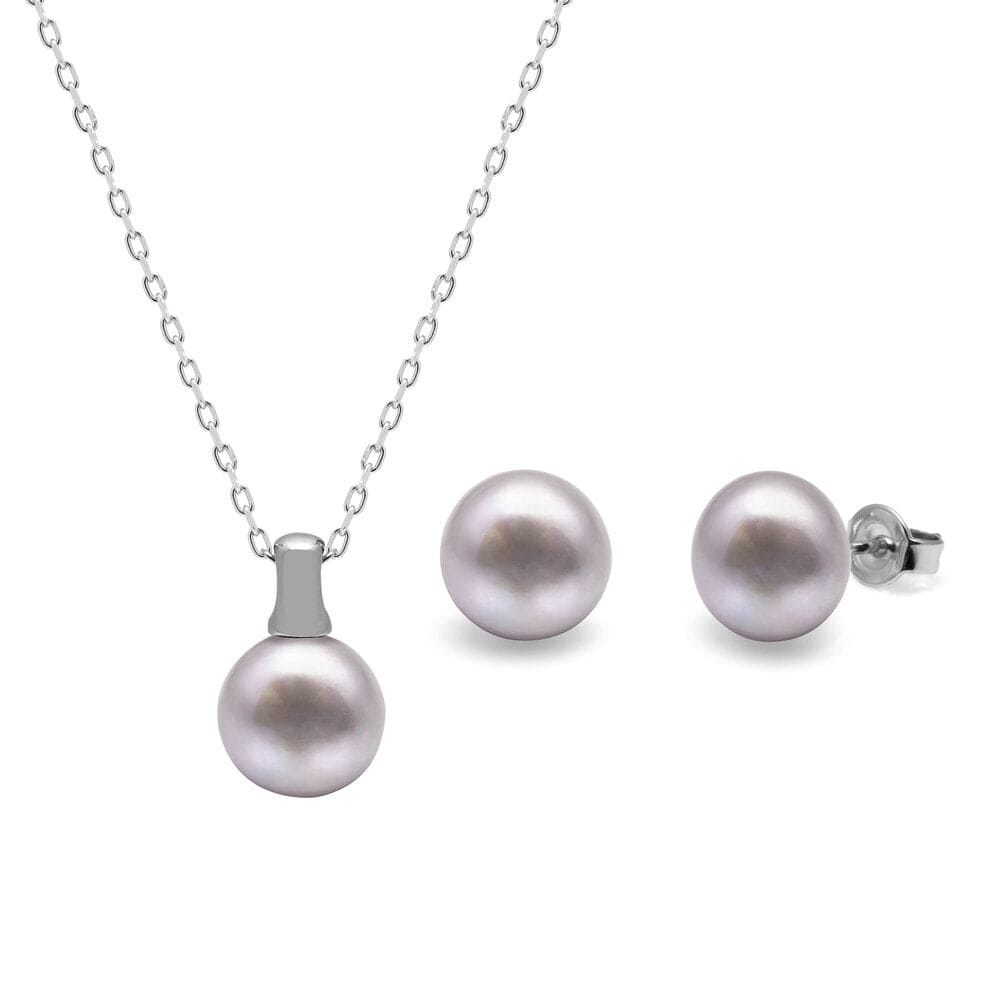 Kyoto Pearl Sets Grey / 925 Silver Freshwater Pearl Bale Pendant & Button Studs Set with 925 Sterling Silver TKKP042