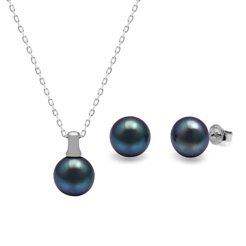 Kyoto Pearl Sets Peacock / 925 Silver Freshwater Pearl Bale Pendant & Button Studs Set with 925 Sterling Silver TKKP040