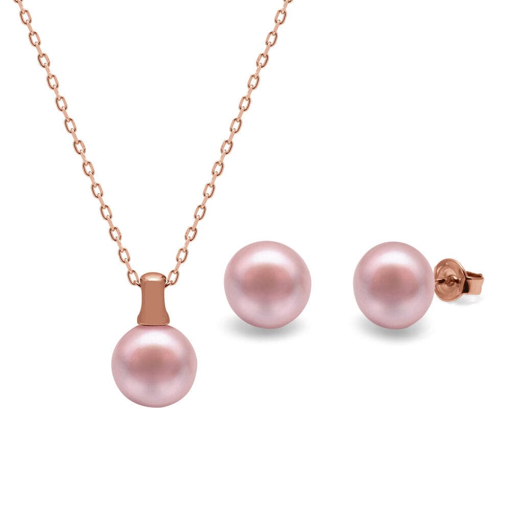Kyoto Pearl Sets Pink / 18k Rose Gold Plated 925 Silver Freshwater Pearl Bale Pendant & Button Studs Set with 925 Sterling Silver TKKP043