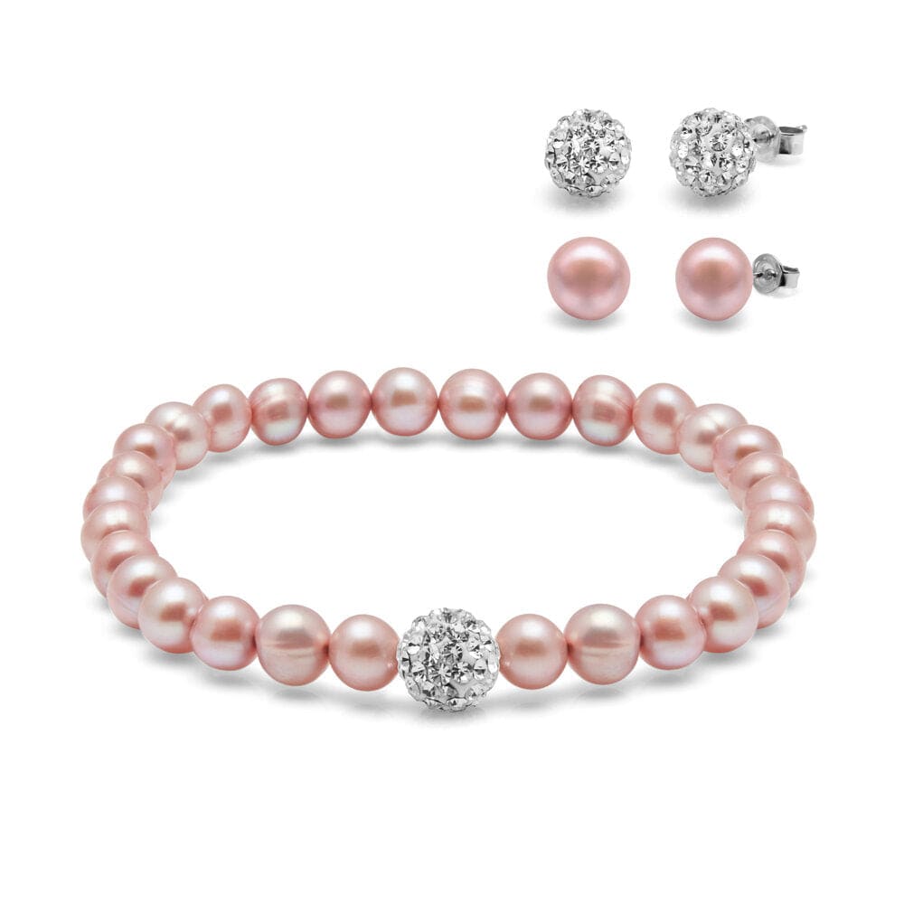 Kyoto Pearl Sets Pink & White Crystal Freshwater Pearl and Crystal Ball Bracelet with Matching Studs and 925 Sterling Silver TKKP026