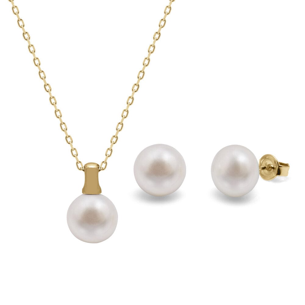 Kyoto Pearl Sets White / 18k Gold Plated 925 Silver Freshwater Pearl Bale Pendant & Button Studs Set with 925 Sterling Silver TKKP044