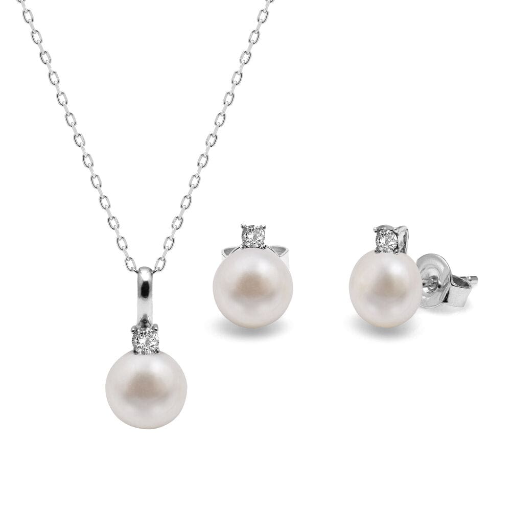 Kyoto Pearl Sets White 8mm Freshwater Pearls with White Sapphire Pendant & Stud Set with 925 Sterling Silver TKKP037