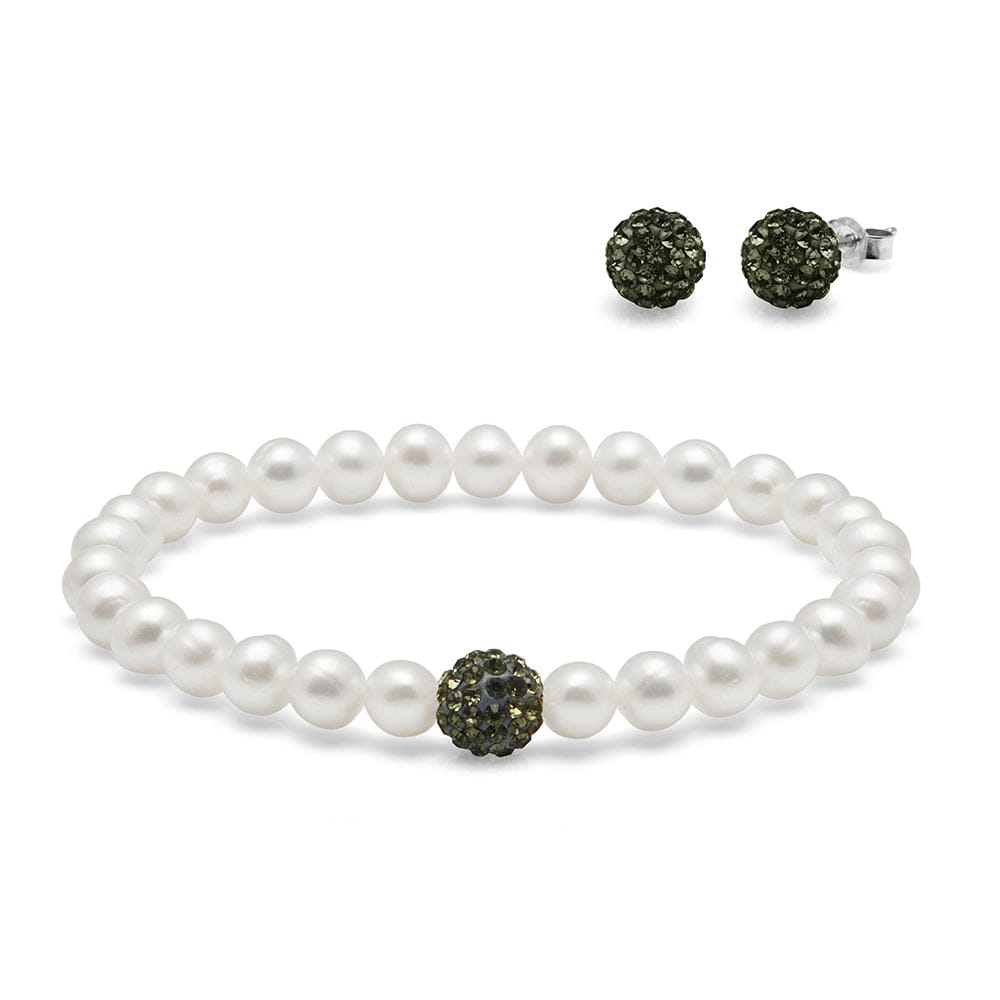 Kyoto Pearl Sets White & Black White Freshwater Pearl Stretch Bracelet and Coloured Crystal Stud Set with 925 Sterling Silver TKKP158
