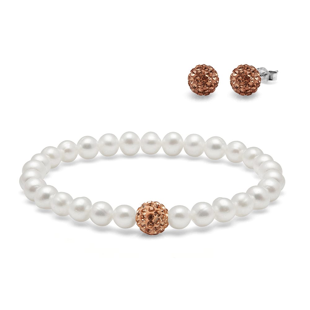 Kyoto Pearl Sets White & Rose White Freshwater Pearl Stretch Bracelet and Coloured Crystal Stud Set with 925 Sterling Silver TKKP157