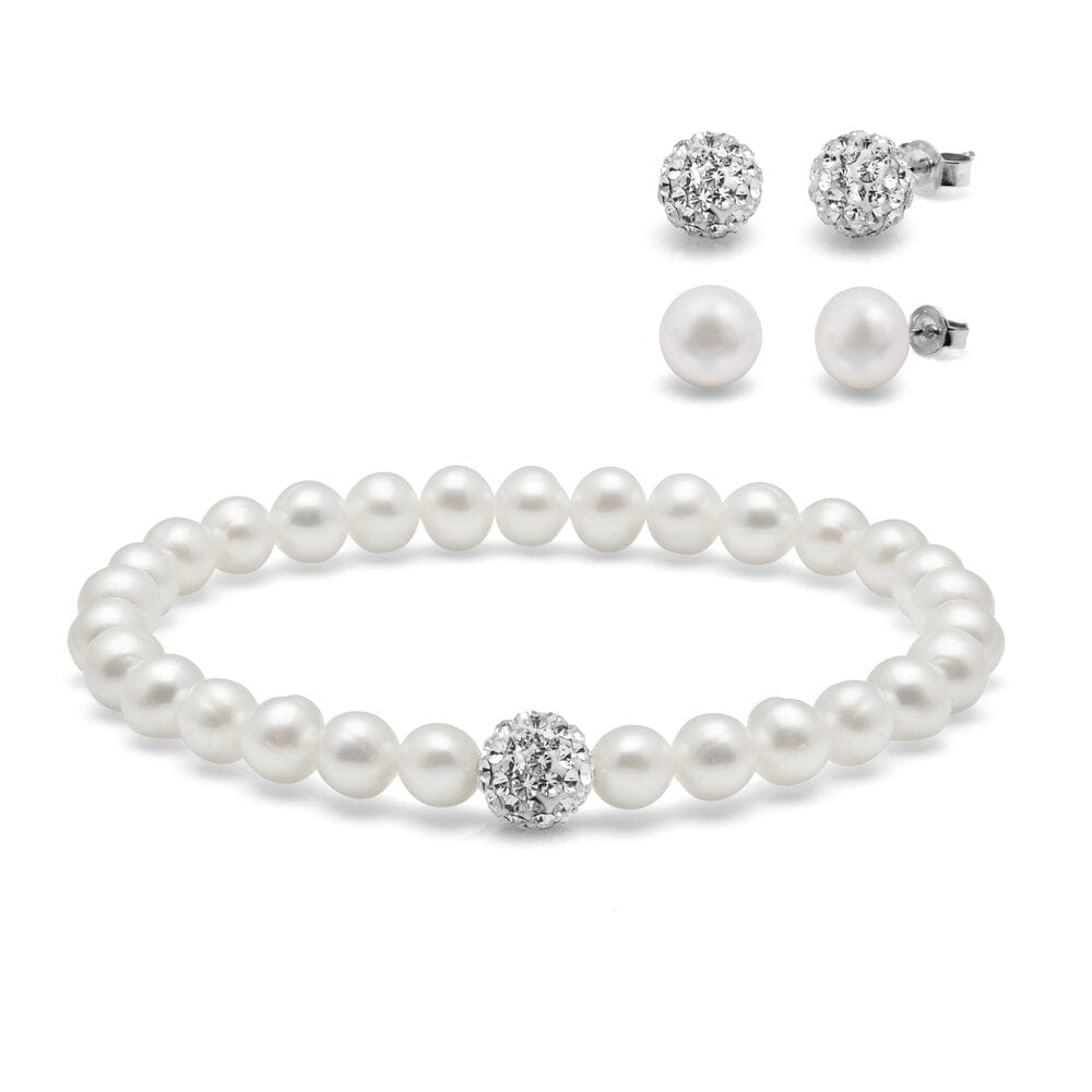 Kyoto Pearl Sets White & White Crystal Freshwater Pearl and Crystal Ball Bracelet with Matching Studs and 925 Sterling Silver TKKP024